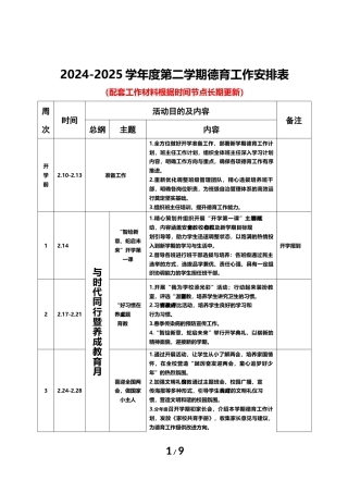 2025年春季学期学校德育工作计划安排表（完整版）
