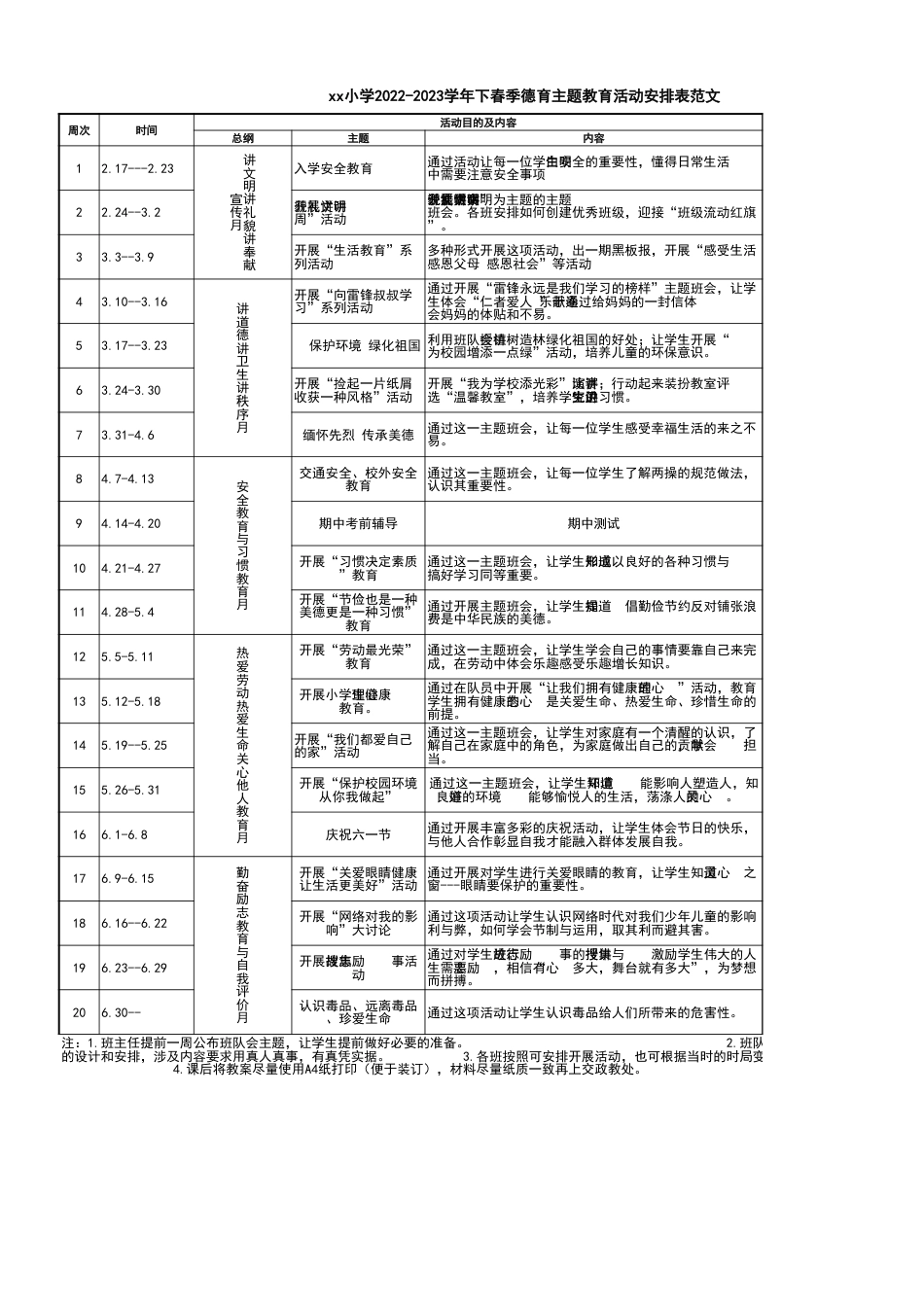 xx小学2022-2023学年下春季德育主题教育活动安排表范文_第1页