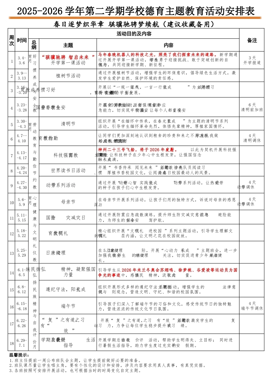 2026年春季中小学德育主题活动安排表:春日逐梦织华章,骐骥驰骋梦续航_第1页
