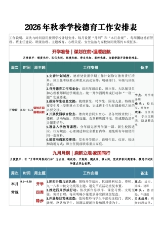 向阳生长 向美而行——2026年秋季学校德育工作安排表