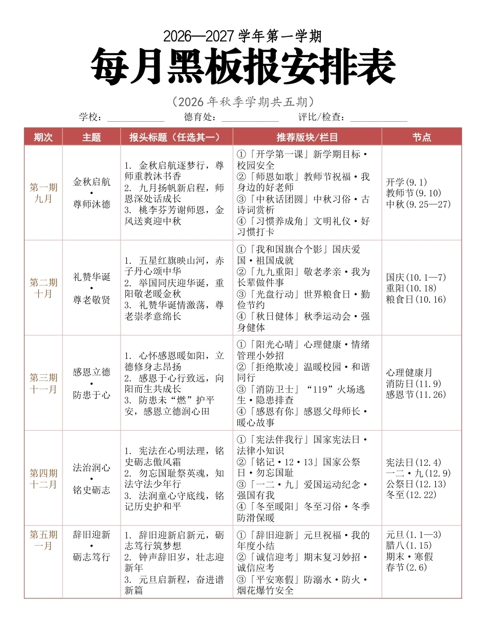 2026—2027学年第一学期每月黑板报安排表_第1页