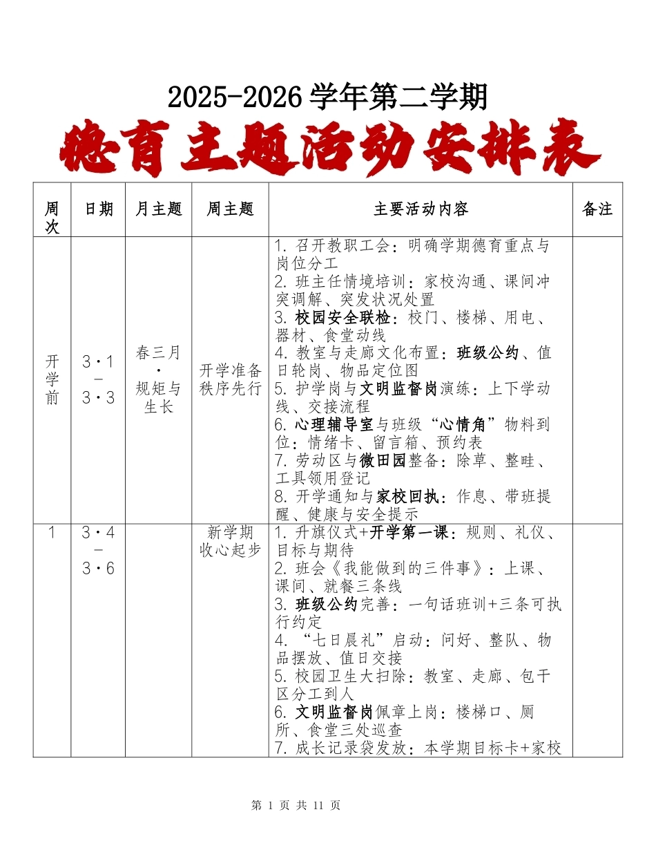 2025-2026春季第二学期德育主题活动安排表(竖版)_第1页