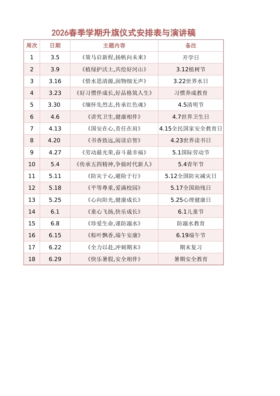 2026年春季学期升旗仪式安排表18周_第1页