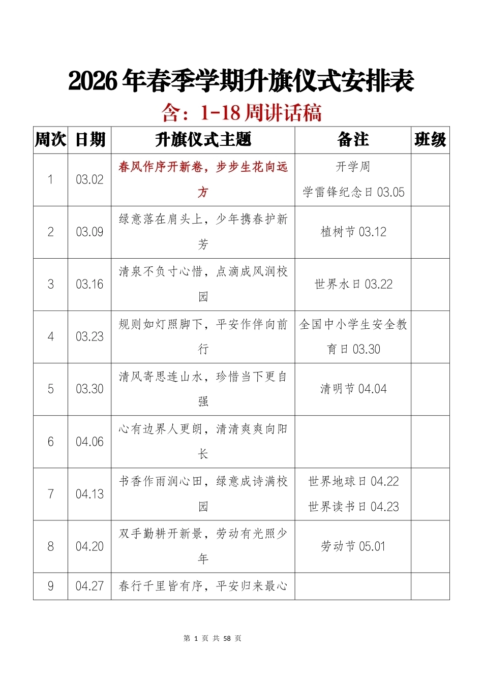 2026年春季学期升旗仪式安排表及讲话稿(18周):春风作序开新卷,步步生花向远方_第1页