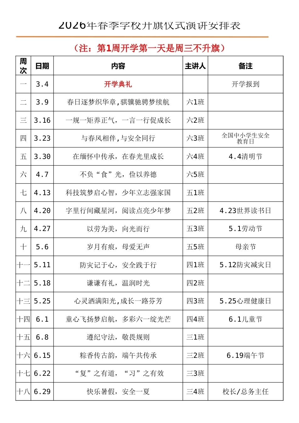 2026年春季升旗仪式安排表(18周)_第1页
