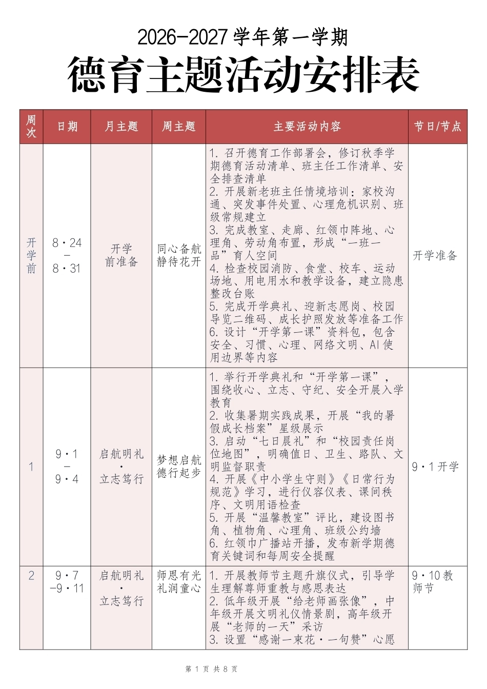 2026年秋季学期德育主题活动安排表_第1页