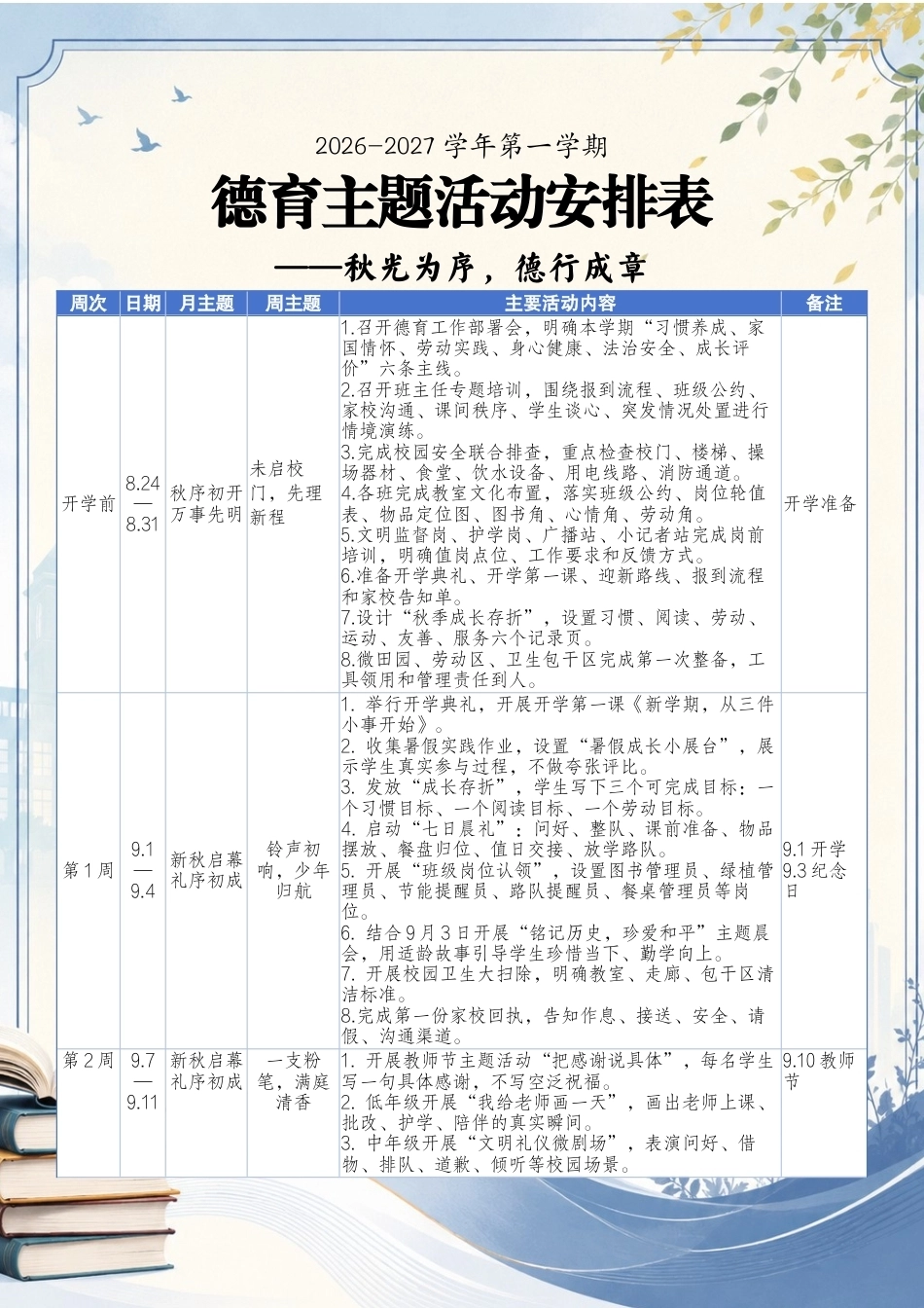 2026-2027学年秋季第一学期德育主题活动安排表——秋光为序,德行成章_第1页