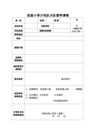 2024年秋季学期少先队大队委申请表