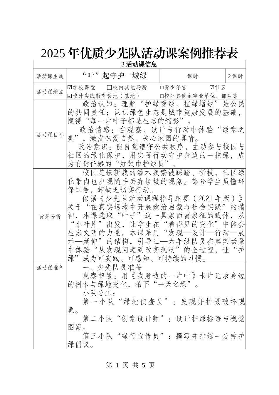 2025年优质少先队活动课案例推荐表——“叶”起守护一城绿_第1页