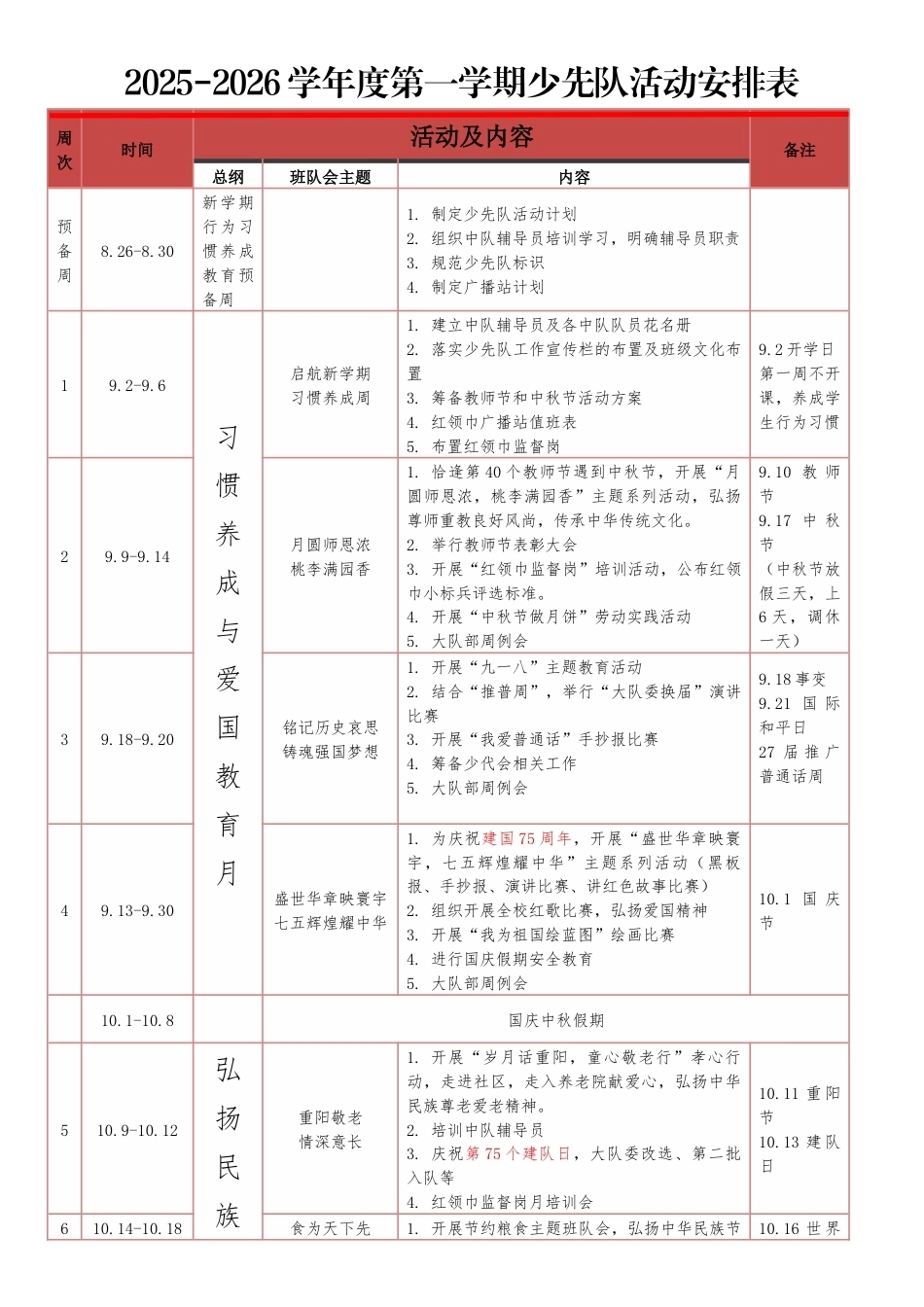 2025-2026学年度【秋】第一学期少先队活动安排表_第1页