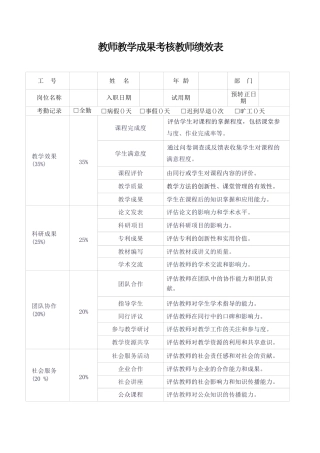 教师教学成果考核教师绩效表