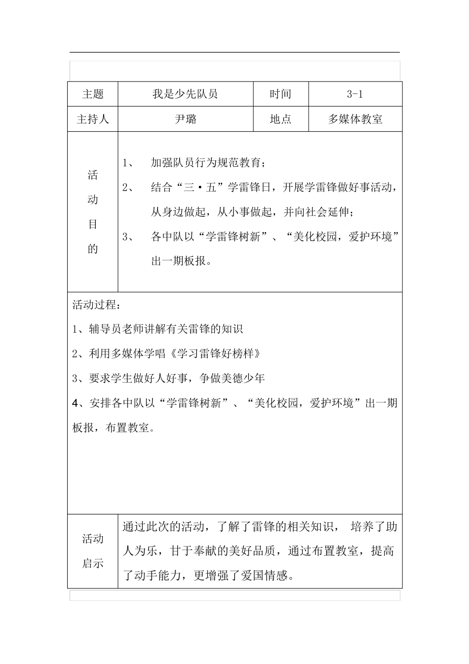 下学期少先队活动记录表_第1页