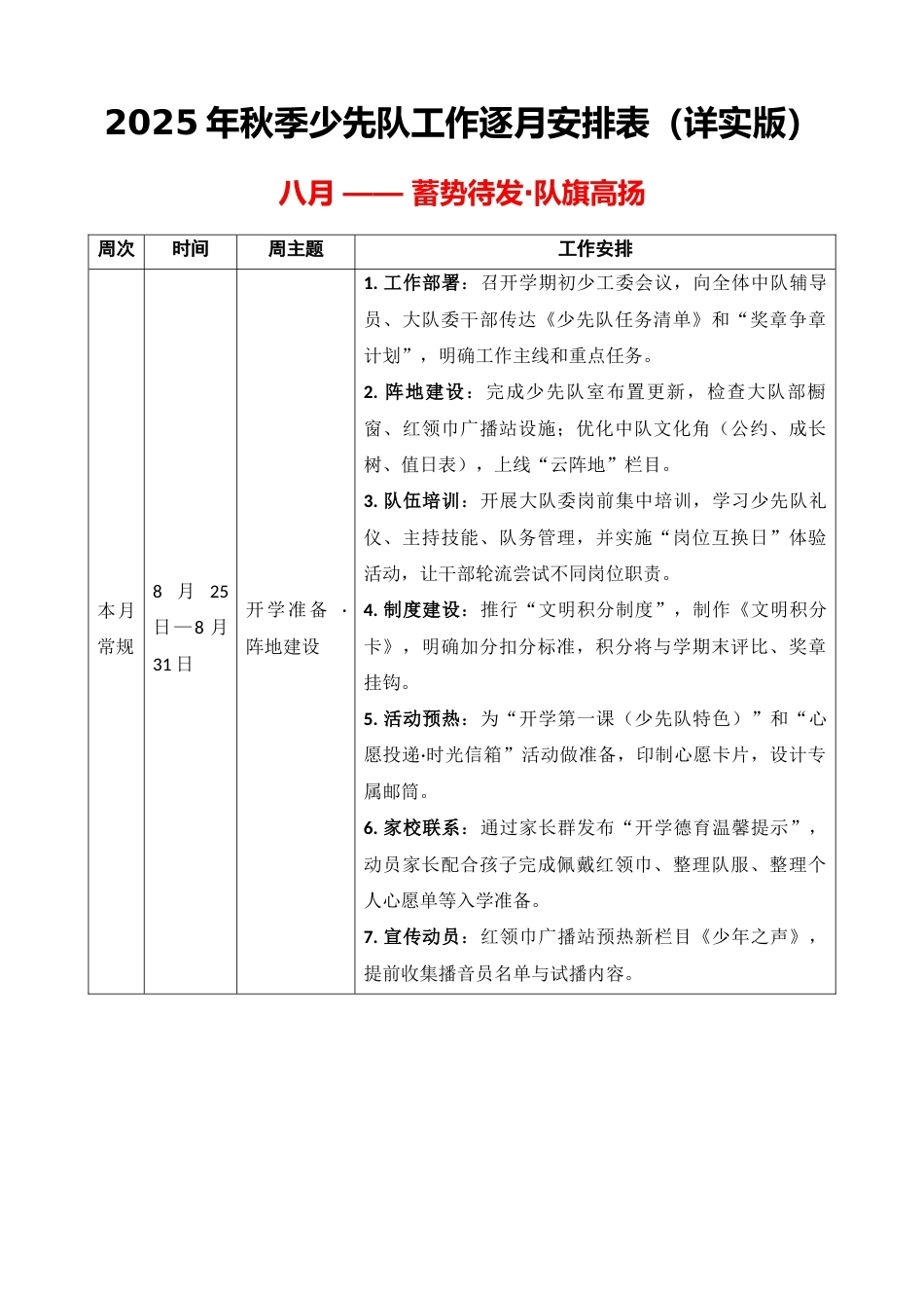 2025-2026年秋季少先队8月-1月工作逐月安排表_第1页