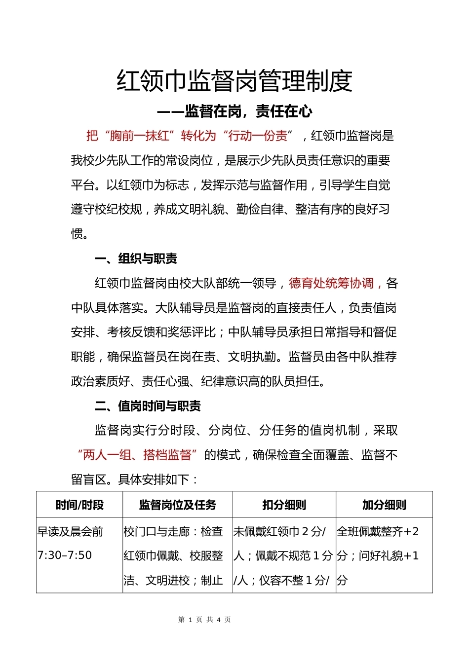 2025年秋季学期红领巾监督岗管理制度:监督在岗,责任在心_第1页