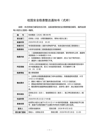 附件：校园安全隐患整改通知书（式样）