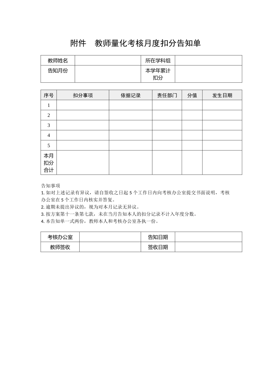 附表:教师量化考核月度扣分告知单_第1页