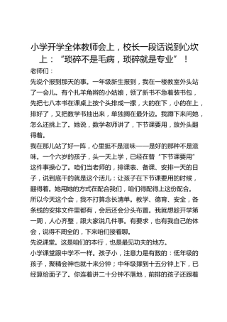 小学开学全体教师会上，校长一段话说到心坎上：“琐碎不是毛病，琐碎就是专业”！