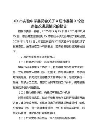 XX 市实验中学委员会关于 X 届市委第 X 轮巡察整改进展情况的报告
