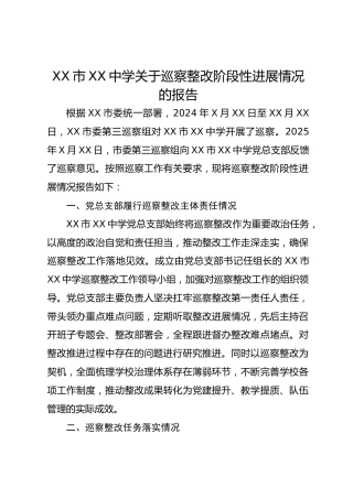 XX 市 XX 中学关于巡察整改阶段性进展情况的报告