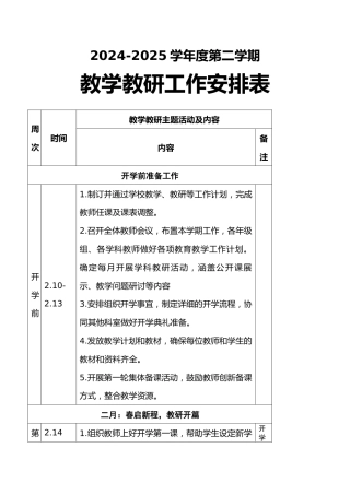2024-2025学年第二学期教学教研工作安排表