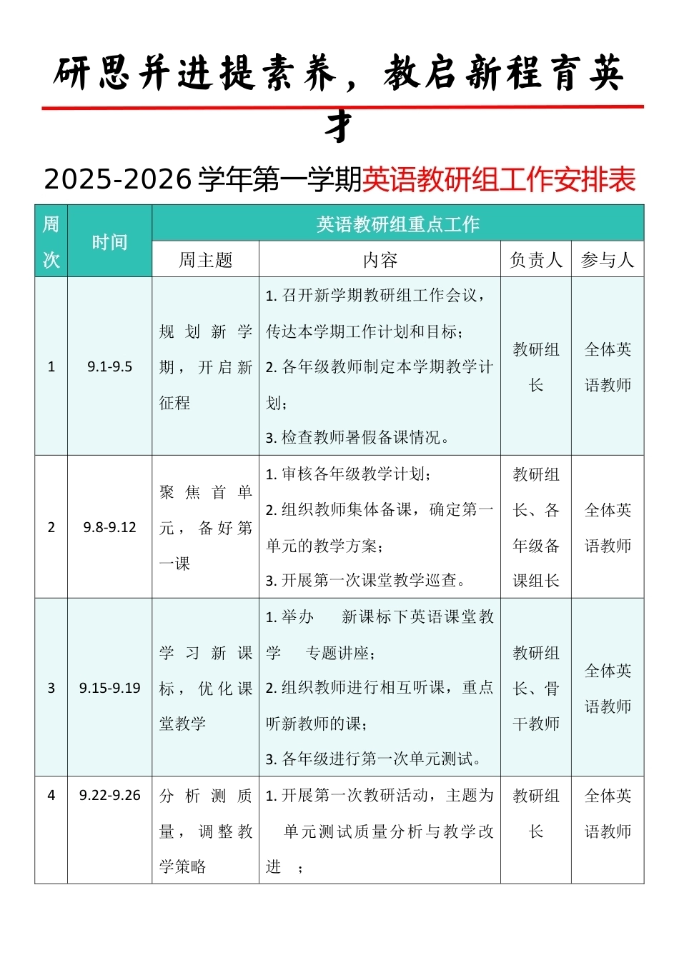 2025-2026学年第一学期英语教研组工作安排表:研思并进提素养,教启新程育英才_第1页
