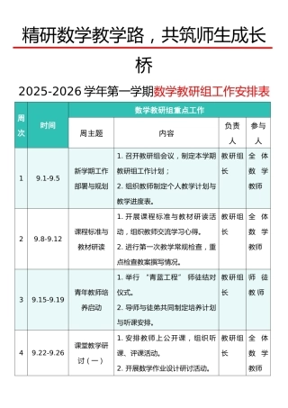 2025-2026学年第一学期数学教研组工作安排表：精研数学教学路，共筑师生成长桥