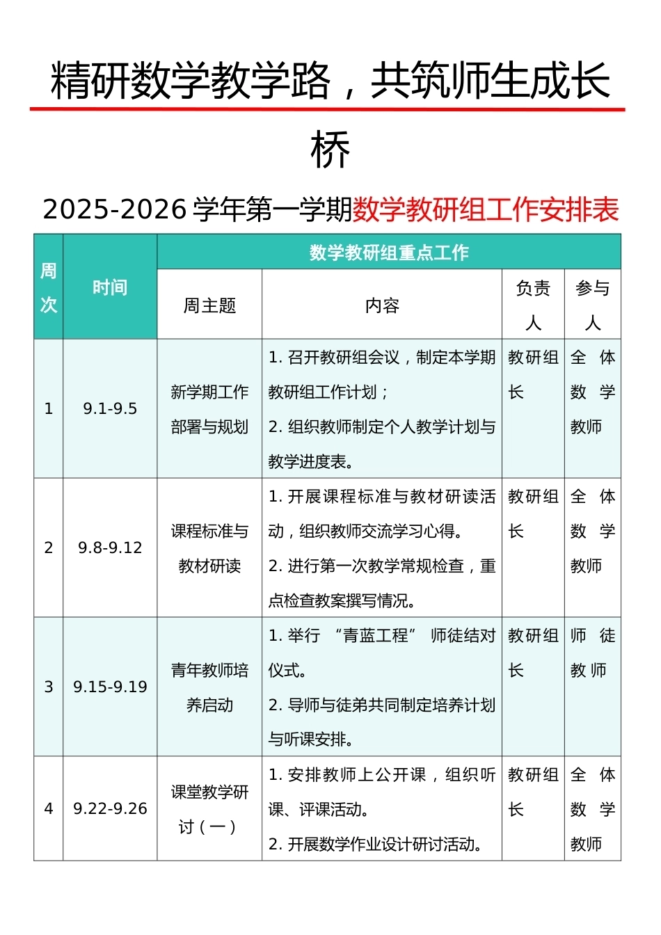 2025-2026学年第一学期数学教研组工作安排表:精研数学教学路,共筑师生成长桥_第1页