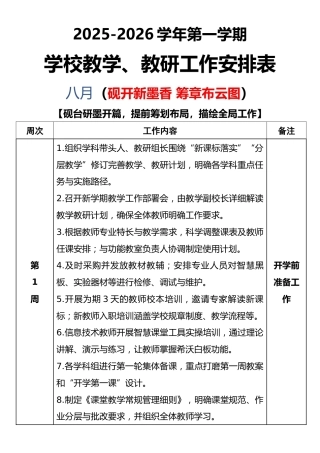 2025-2026秋季学年第一学期学校教学教研工作安排表：八月（砚开新墨香 筹章布云图）