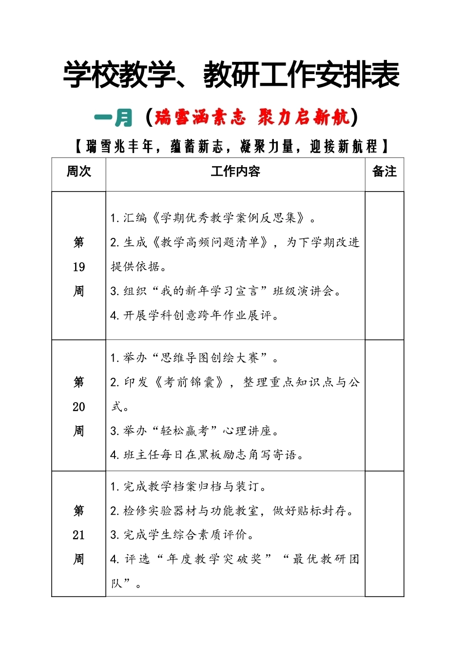 2025-2026秋季学年第一学期学校教学教研工作安排表:一月(瑞雪涵素志 聚力启新航)_第1页