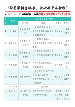 2025-2026学年第一学期语文教研组工作安排表：翰墨深耕育桃李，教研共育启新程