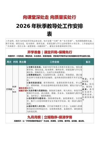 向课堂深处走_向质量实处行——2026年秋季学期学校教导处工作安排表（优化版）