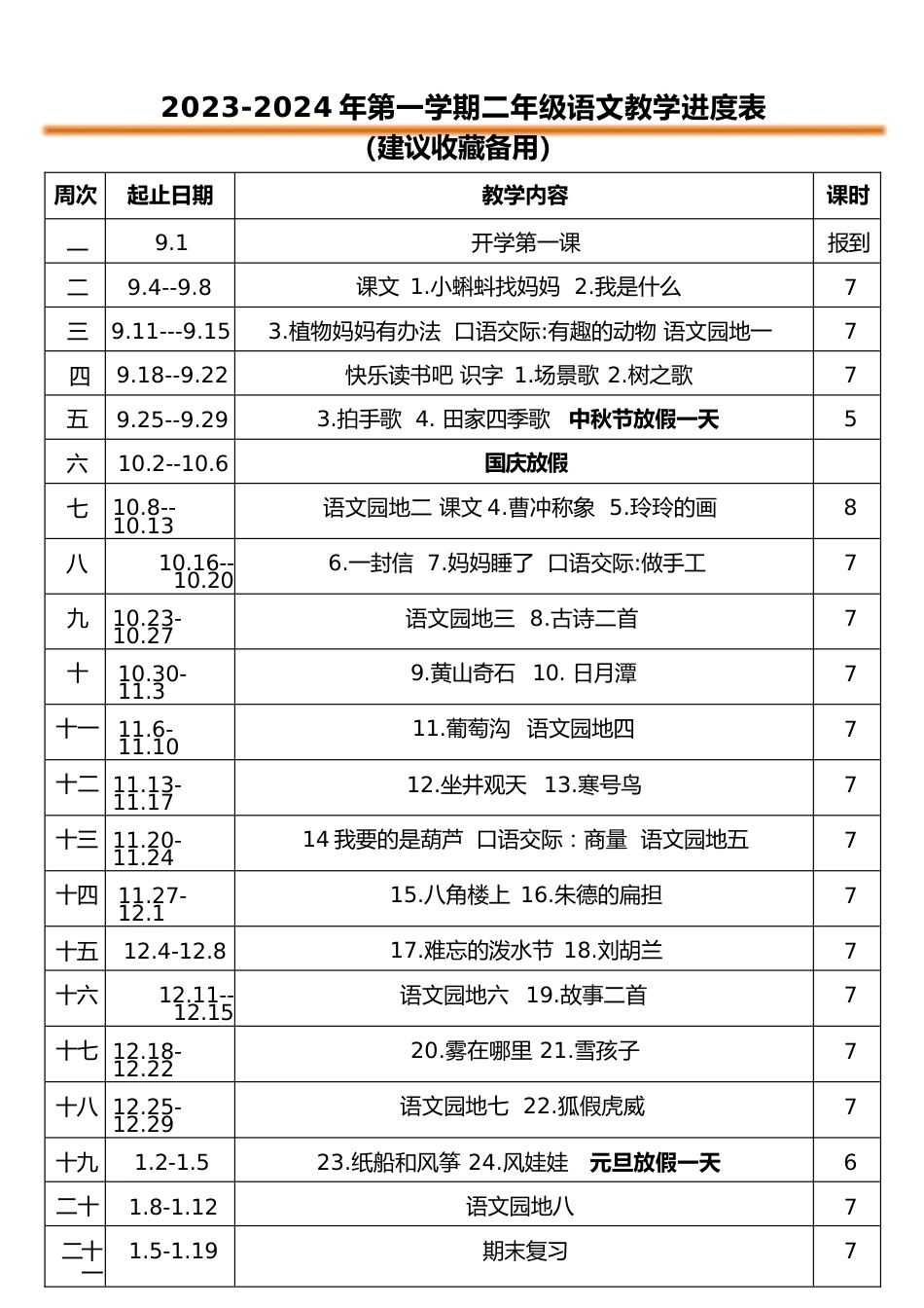 2023-2024年二年级第一学期教学进度表_第1页