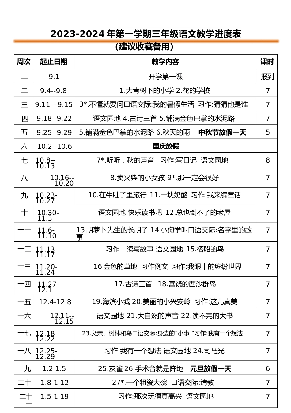 2023-2024年三年级第一学期教学进度表_第1页