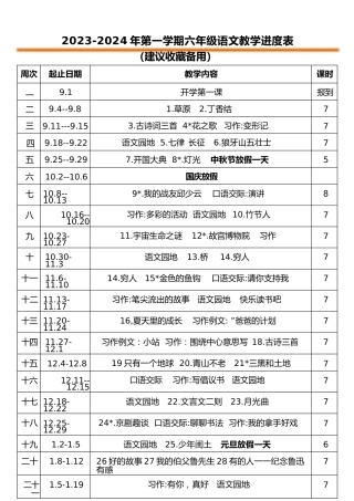 2023-2024年六年级第一学期教学进度表