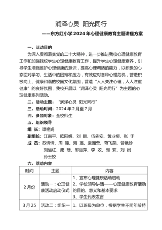 ”润泽心灵 阳光同行“东方红小学2024年心理健康教育主题讲座方案(改)