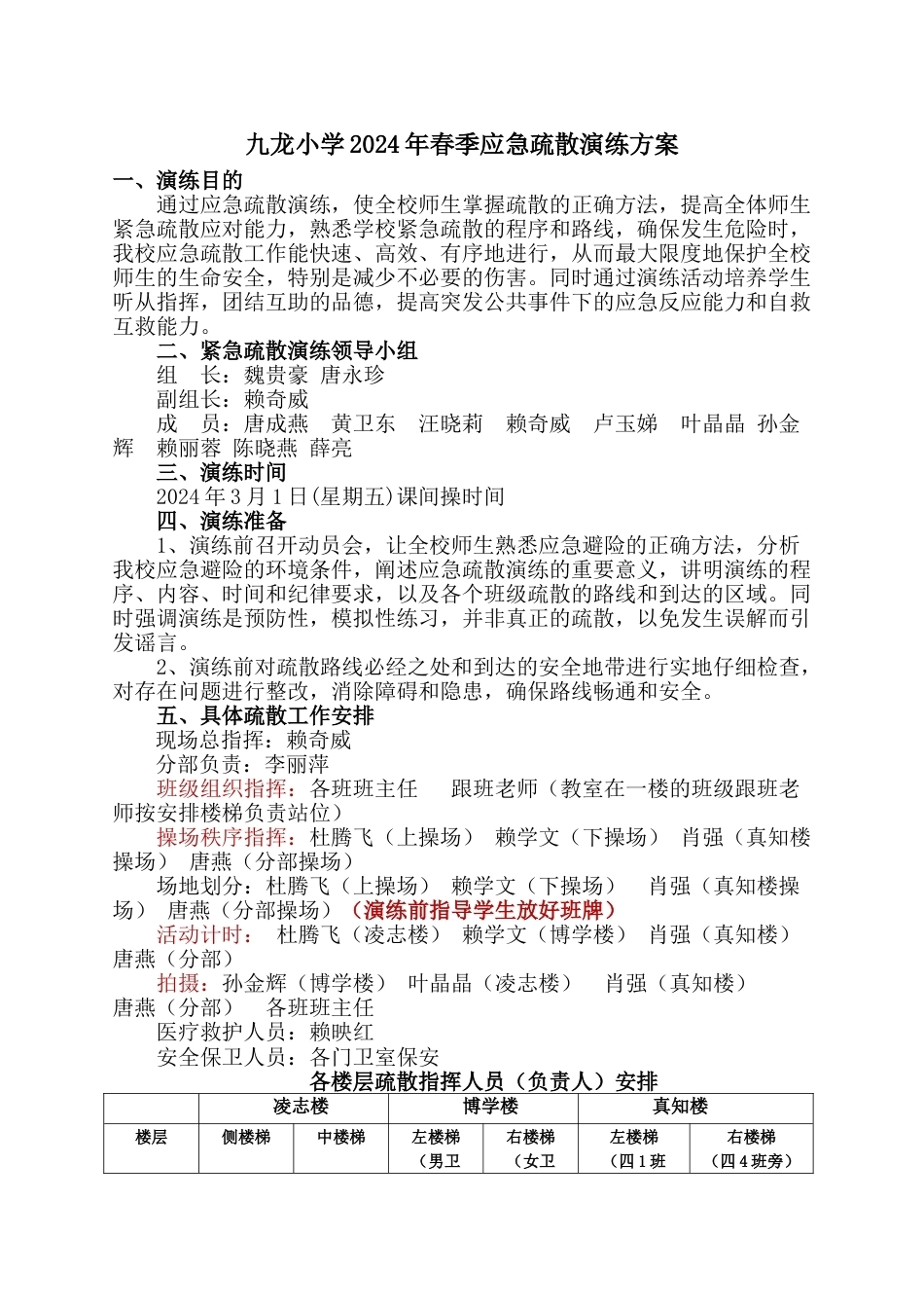 九龙小学2024年春季应急疏散演练方案_第1页