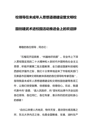 校领导在未成年人思想道德建设暨文明校园创建武术进校园活动推进会上的欢迎辞