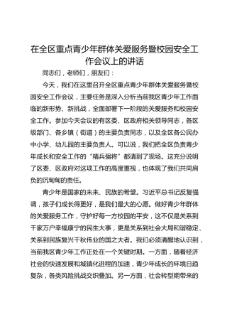 在全区重点青少年群体关爱服务暨校园安全工作会议上的讲话